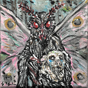 Iridescent painting of Mothman holding a crying dog