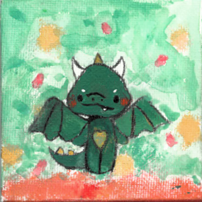 Green dragon painted in cartoonish style on pastel green and orange background