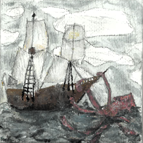 Painting of a ship being attacked by a tentacled monster rising from the ocean