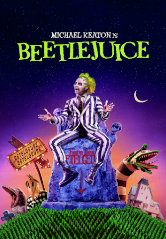 Michael Keaton dressed as Beetlejuice with green hair and wearing a black and white striped suit sits atop his own grave in the poster for Beetlejuice the movie.