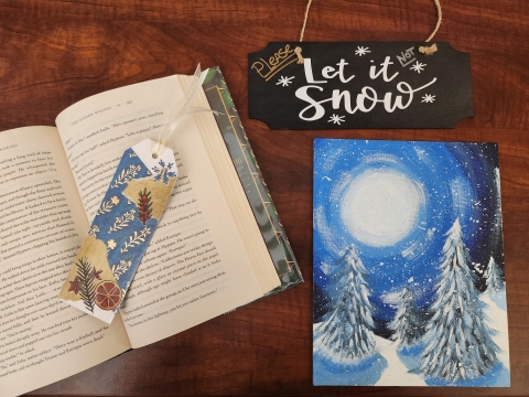 bookmark, acrylic painting of winter scene, vinyl "Let it Snow" sign