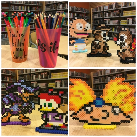 Pencil cup holders (You're killin' me Smalls! and As if.), perler bead Tommy Pickles, Rescue Rangers, Hey Arnold!, Darkwing Duck and Gosalyn Mallard