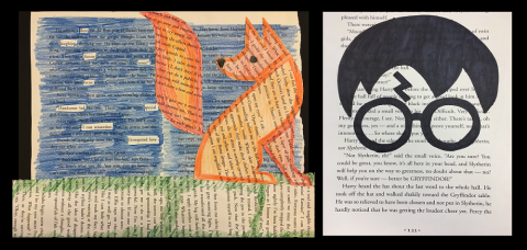 Examples of altered book art: fox and Harry Potter silhouette