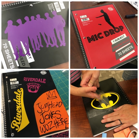 Collage of notebooks: BTS silhouette on black notebook, MicDrop design on red notebook, Batman logo on black notebook, and Riverdale designs on black notebook