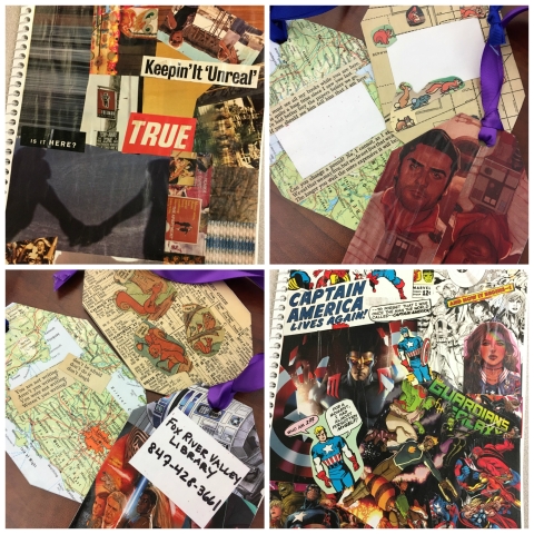 Decoupage notebook made from magazine cut outs, luggage tag examples made from maps, Chicago Street Guide, and Star Wars comic; notebook made from comic book pages