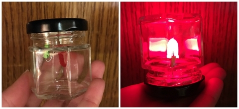 Left photo: jar is right side up and the LED is off; right photo: jar is upside down and the red LED is on