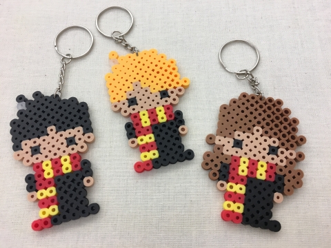 Harry Potter, Ron Weasley, and Hermoine Granger perler bead key chains
