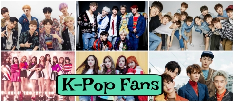 K-Pop groups clockwise from top left: Exo, BTS, Seventeen, SHINee, Black Pink, Twice