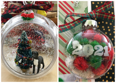 left: bauble ornament with tree and dog; right: 2021 ornament