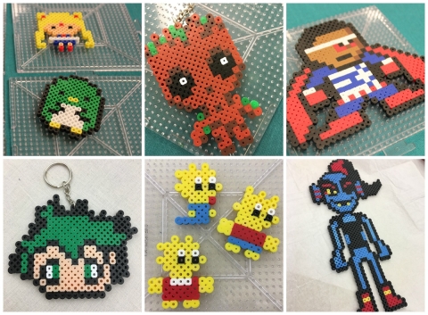 Collage of pixel art creations: Anime characters, Baby Groot, Falcon, Lisa, Maggie, and Bart Simpson