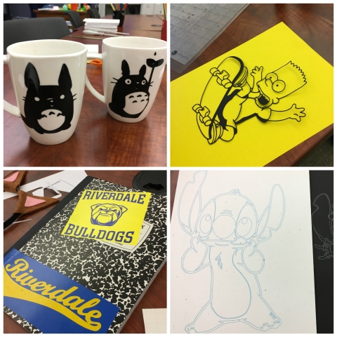Mugs with Totoro vinyl decals, Bart Simpson cut from cardstock, Stitch drawn with sketch pen, Riverdale decals on a notebook