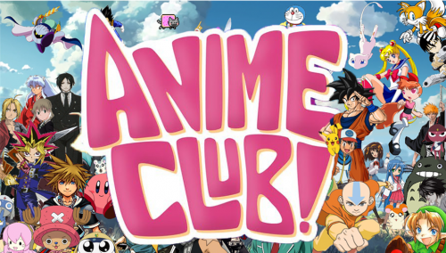 Anime Club graphic with anime characters surrounding the text