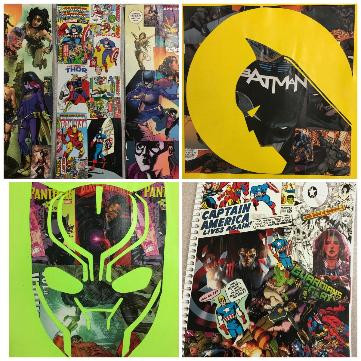 Collage of bookmarks made from comic book pages, Batman comic book art, Black Panther comic book art, and a notebook collaged in comic book pages