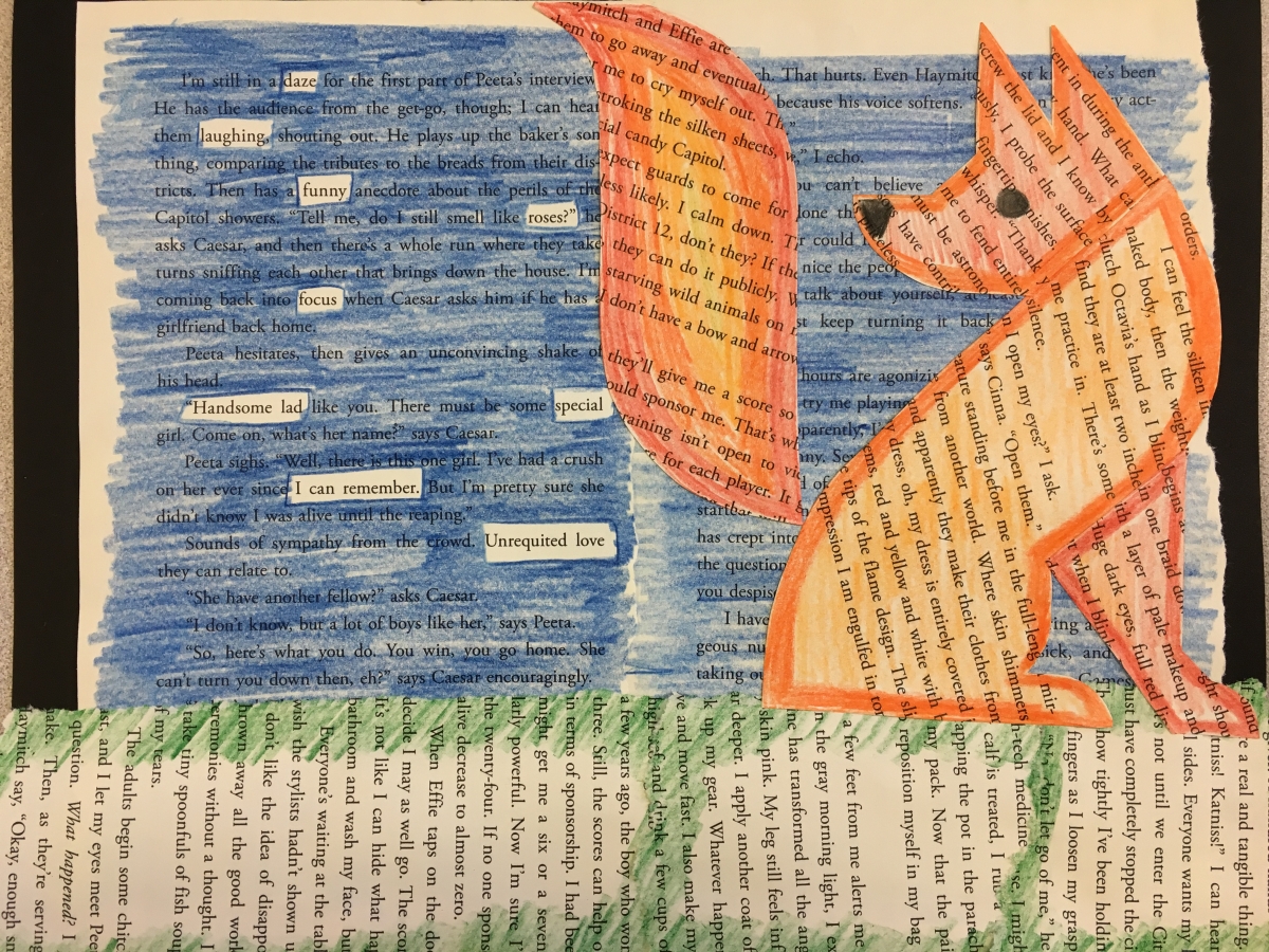 Altered book pages of a fox with blackout poetry