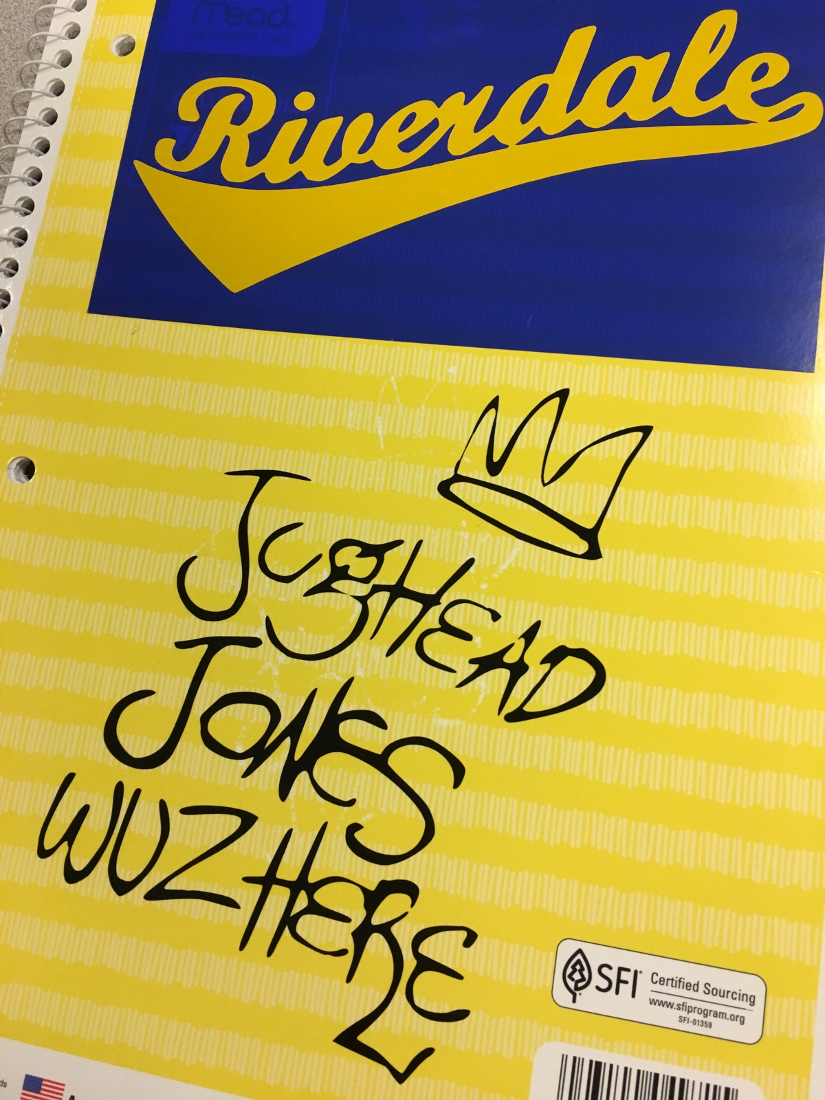 Yellow notebook with Riverdale decal and "Jughead Jones wuz here" decal