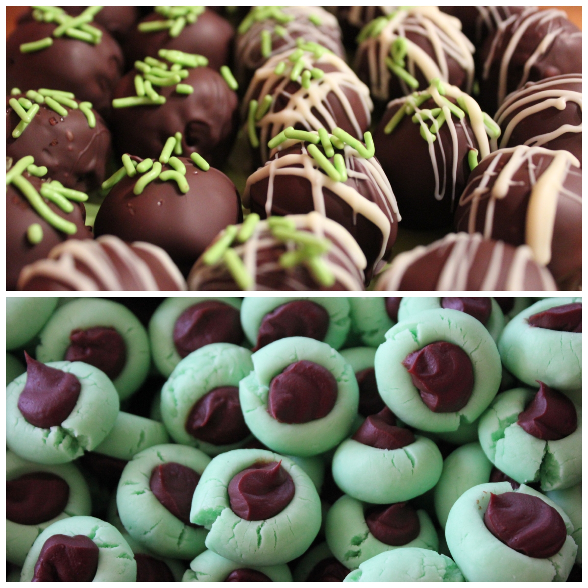 Top photo: Mint Oreo balls; bottom photo: Chocolate Mint Cream Cheese Buttons