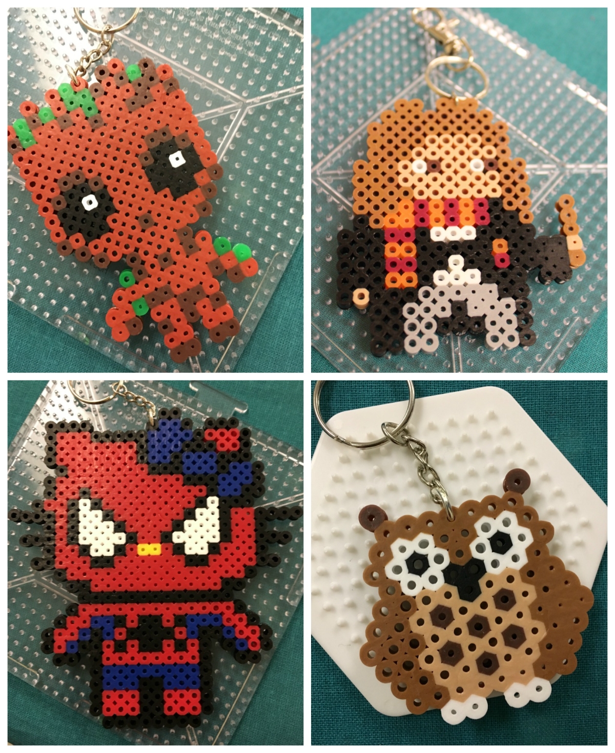 Examples of pixel art projects made with perler beads: Baby Groot, Hermoine, Hello Kitty Spider-Man, and Owl key chains