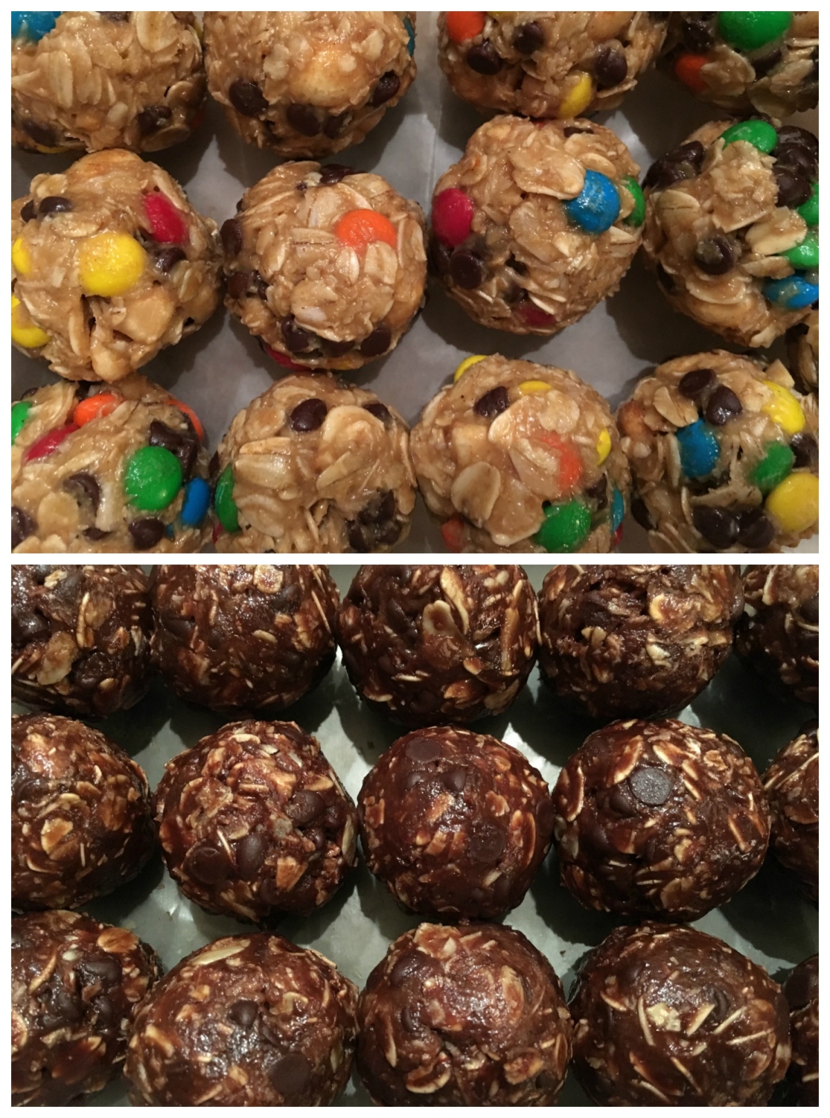 Top photo: monster cookie oatmeal energy balls; Bottom photo: Double chocolate oatmeal balls