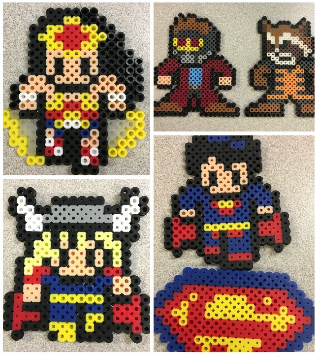 Collage of Wonder Woman, Thor, Star Lord, Rocket, and Superman pixel art