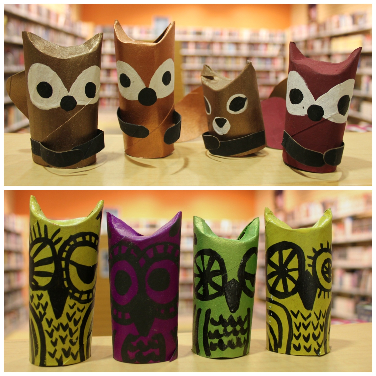 top photo: Foxes and a squirrel made from paper towel tubes; bottom photo: several owls made out of paper towel tubes