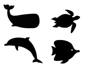 Whale, turtle, tropical fish, and dolphin silhouette images
